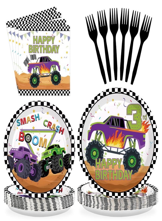 Grencian 96 Pcs Monster Theme Truck 3rd Birthday Party Supplies Green Purple Truck Plates and Napkins Checkered Tableware Set Monster Birthday Decorations for 3rd Kids Boys Monster Themed Truck Party Serves 24 - Image 1